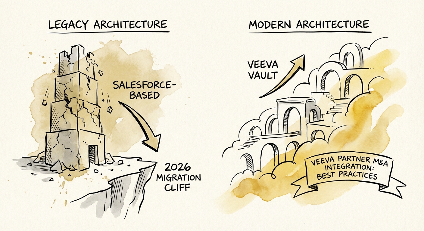 A split-screen graphic showing a legacy Salesforce-based architecture on the left crumbling, while a modern Veeva Vault architecture on the right ascends, symbolizing the 2026 migration cliff.
