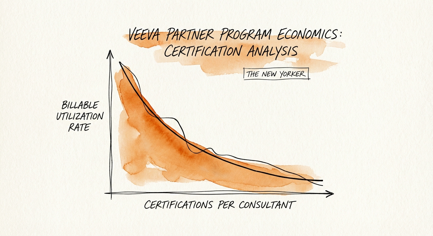 Graph showing the inverse relationship between number of Veeva certifications per consultant and billable utilization rate.