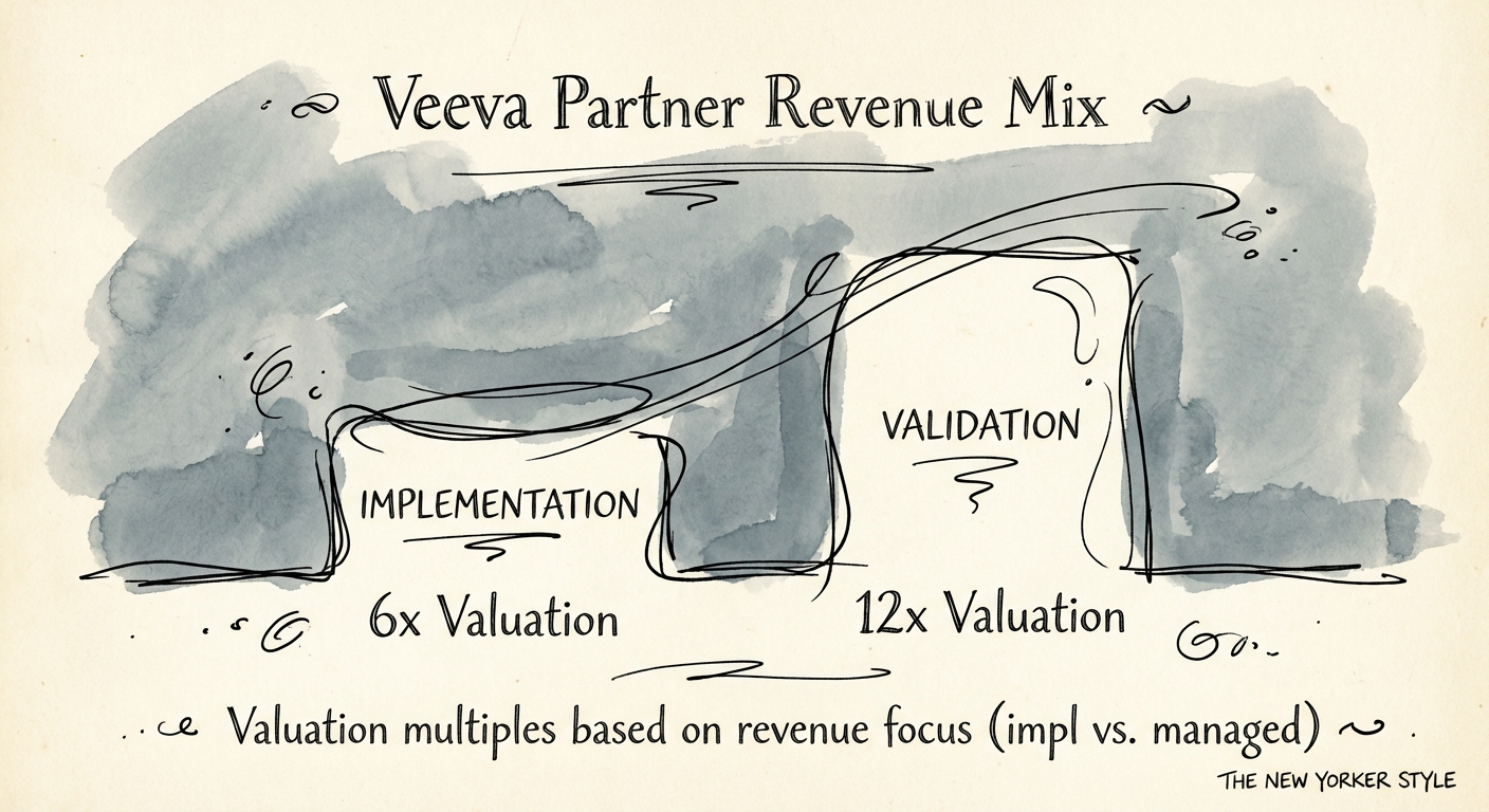 Chart showing valuation multiples for Veeva partners based on revenue mix, contrasting implementation-heavy firms at 6x versus managed services-focused firms at 12x.