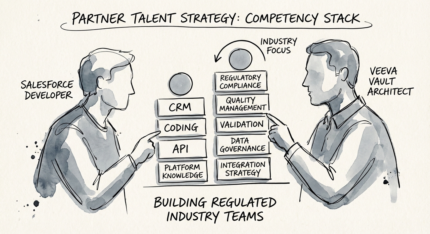 Diagram comparing the competency stack of a Salesforce Developer vs. a Veeva Vault Architect.