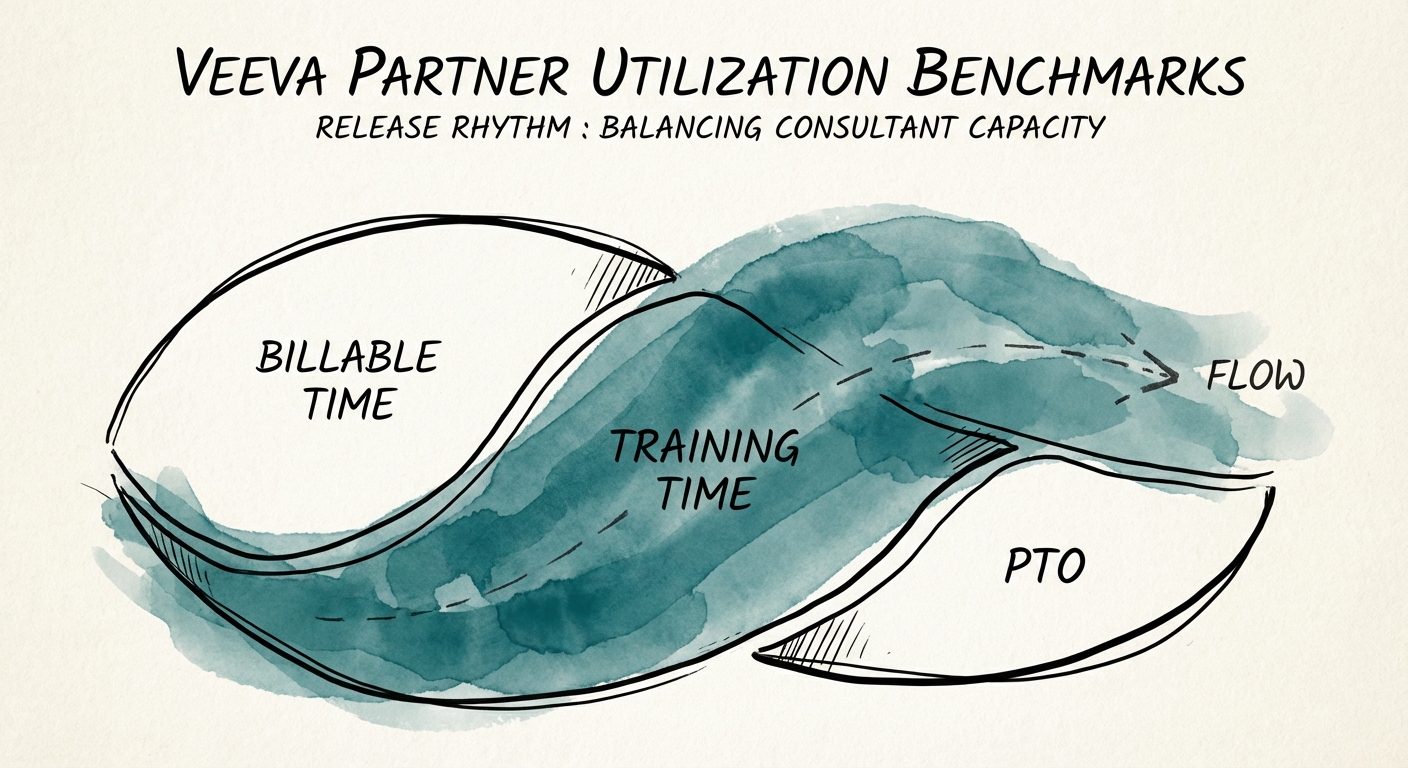 Diagram illustrating the 'Release Rhythm' impact on consultant capacity: Billable time vs. Training time vs. PTO.