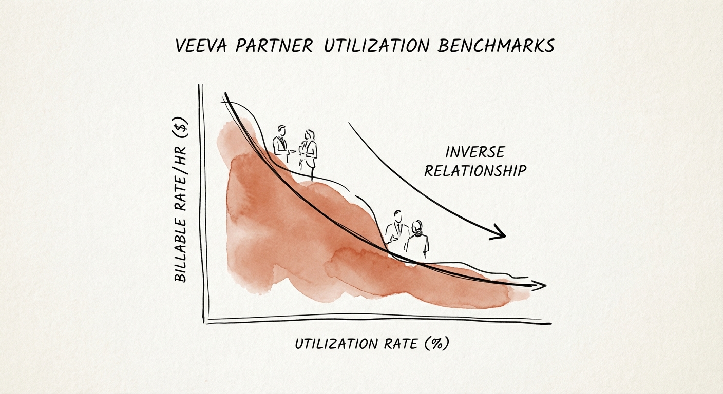 Chart showing the inverse relationship between Veeva consultant utilization rates and billable rate per hour.