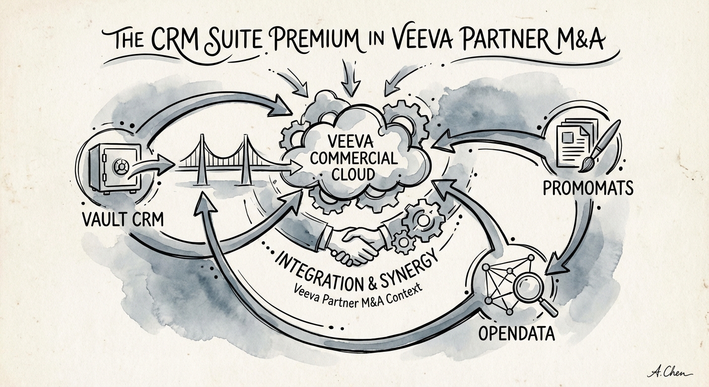 Diagram illustrating the Veeva Commercial Cloud ecosystem, highlighting the integration between Vault CRM, PromoMats, and OpenData.