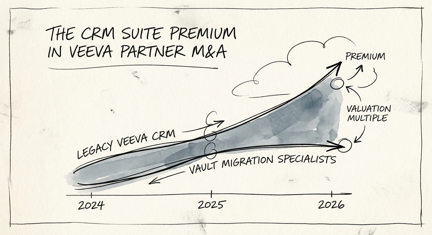 Graph showing the valuation multiple divergence between Legacy Veeva CRM partners and Vault Migration Specialists from 2024 to 2026.