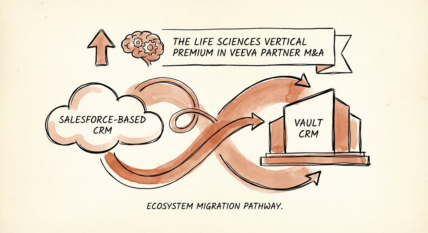 Diagram illustrating the Veeva Vault ecosystem migration from Salesforce-based CRM to Vault CRM