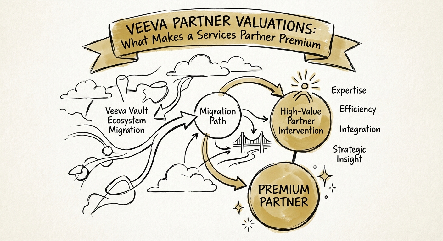 Diagram illustrating the Veeva Vault ecosystem migration path and the high-value partner intervention points.