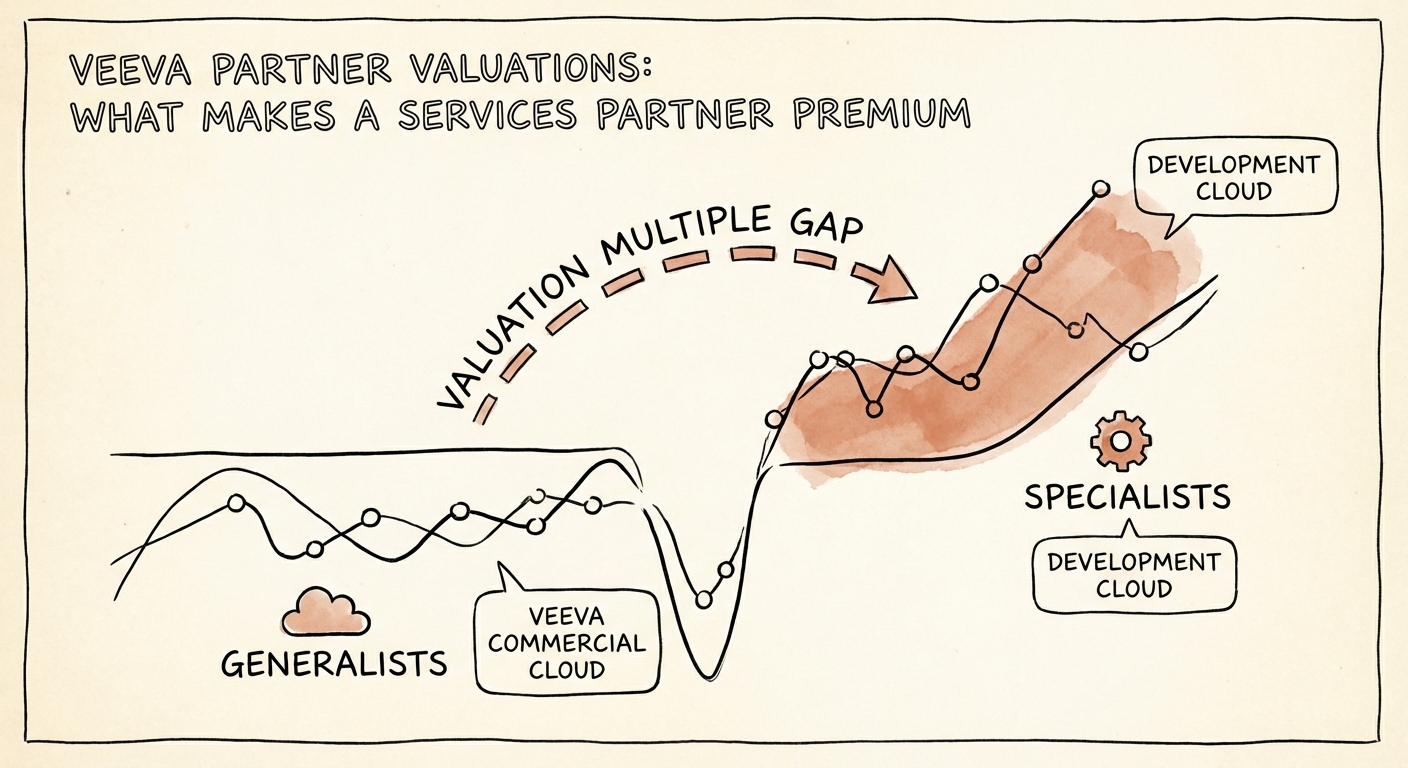 Graph showing the valuation multiple gap between Veeva Commercial Cloud generalists and Development Cloud specialists.