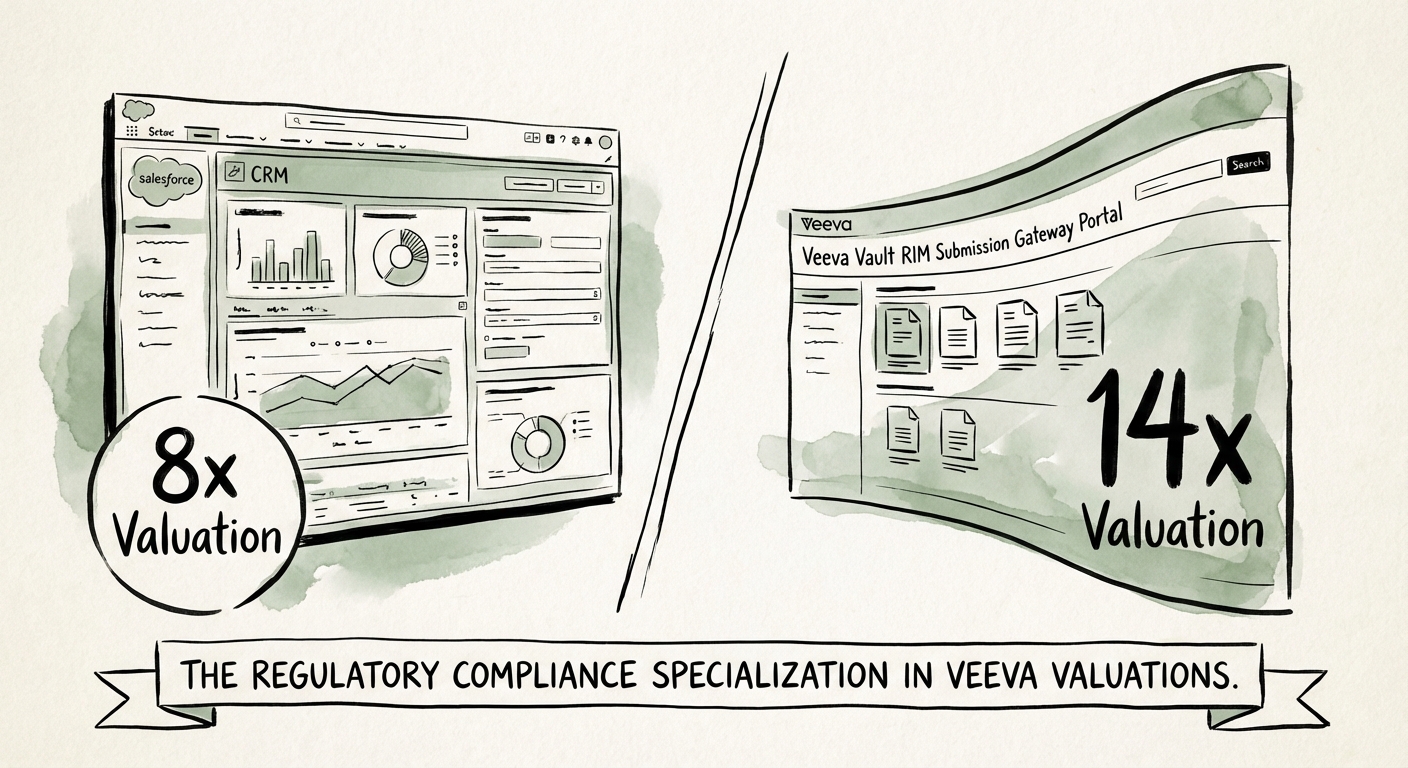 A split-screen graphic showing a Salesforce-based CRM interface on the left marked '8x Valuation' and a Veeva Vault RIM submission gateway on the right marked '14x Valuation'.