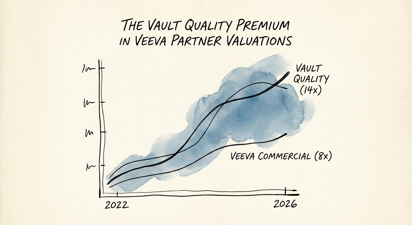 Graph showing the divergence in EBITDA multiples between Veeva Commercial partners (8x) and Vault Quality partners (14x) from 2022 to 2026.