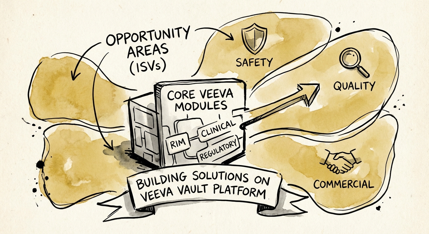 Visualizing the 'White Space' in the Veeva Ecosystem: A map showing Core Veeva Modules vs. Opportunity Areas for ISVs in Safety, Quality, and Commercial.