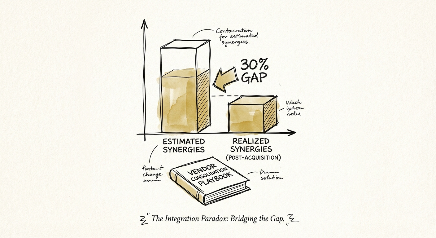 Graph displaying the 30% gap between estimated IT synergies in deal models vs. realized synergies in successful integrations.
