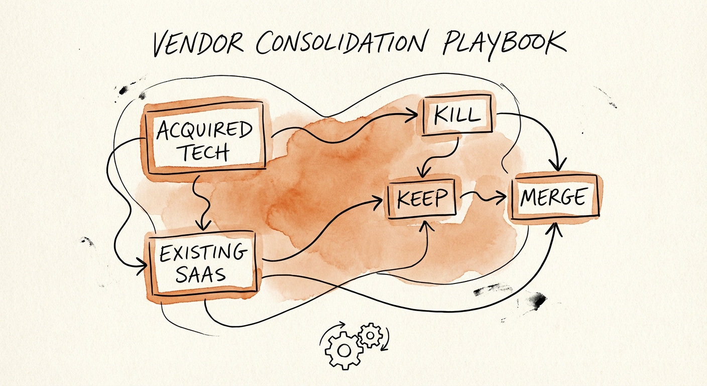 A strategic matrix showing 'Kill, Keep, or Merge' decision paths for SaaS applications during post-merger integration.