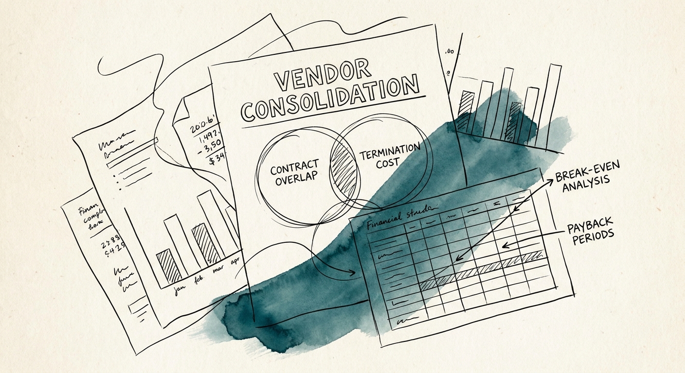 A financial spreadsheet detailing the break-even analysis and payback periods for breaking enterprise software agreements post-M&A.