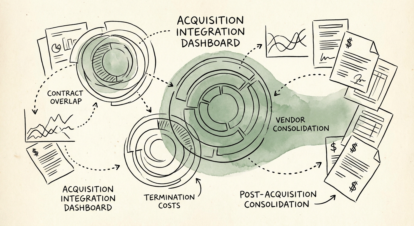 A complex data visualization dashboard showing overlapping SaaS contracts and termination penalty costs during a post-acquisition integration.