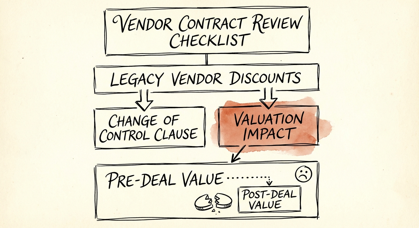 Chart illustrating the valuation impact of losing legacy vendor discounts due to Change of Control clauses in M&A deals.
