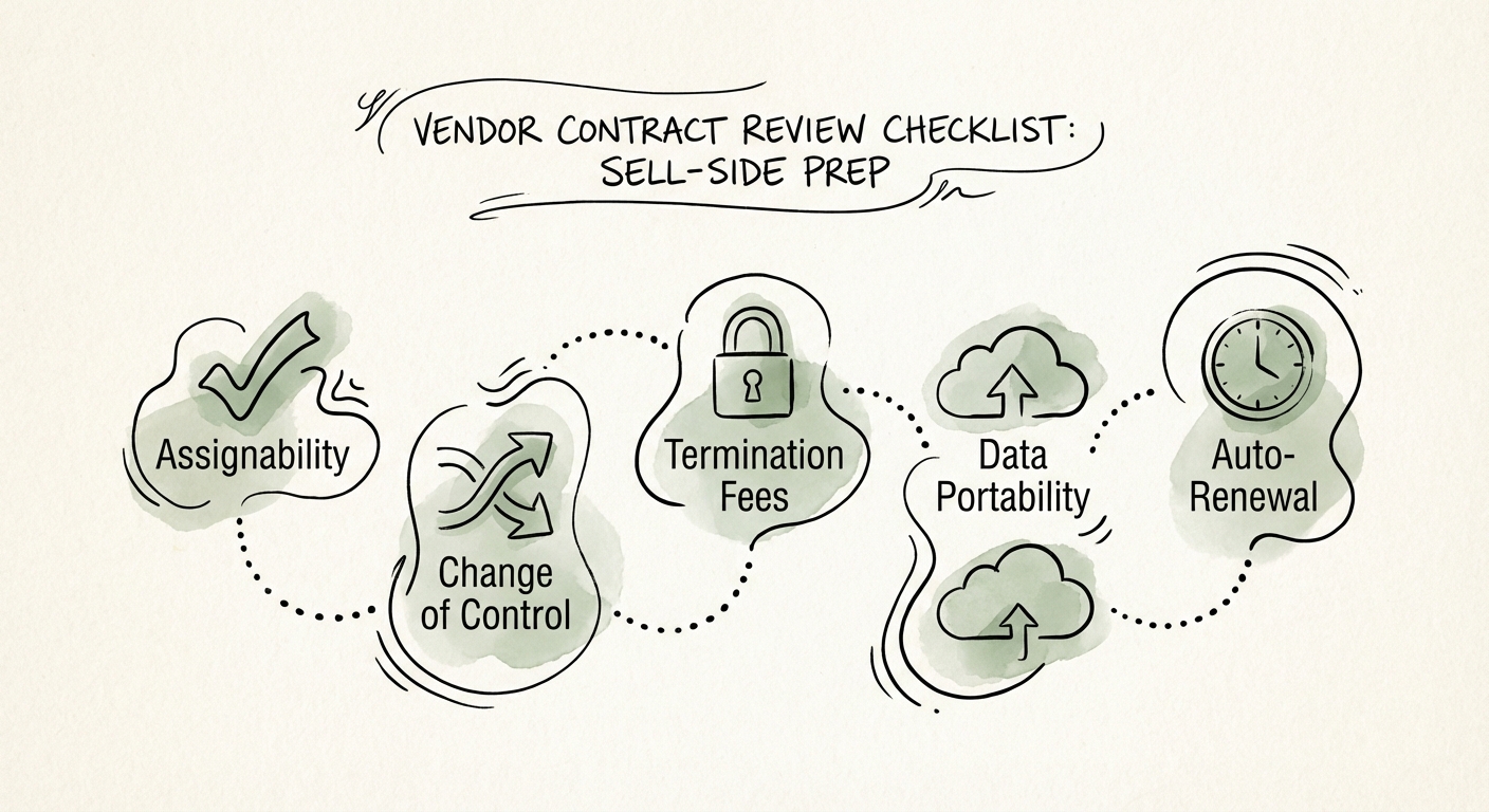 A checklist graphic showing five key vendor contract review points: Assignability, Change of Control, Termination Fees, Data Portability, and Auto-Renewal terms.