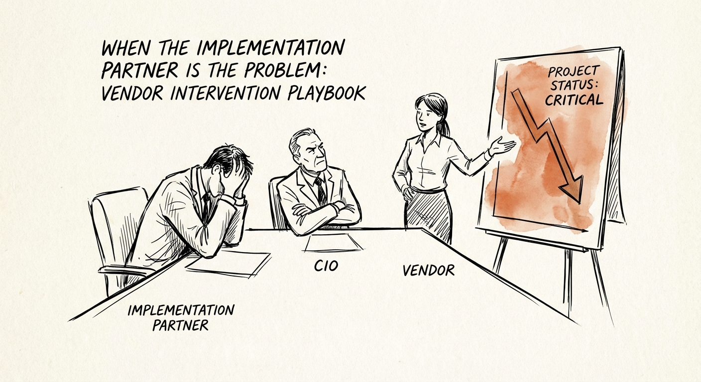 A tense boardroom meeting between a CIO and system integrators with red project status charts in the background.