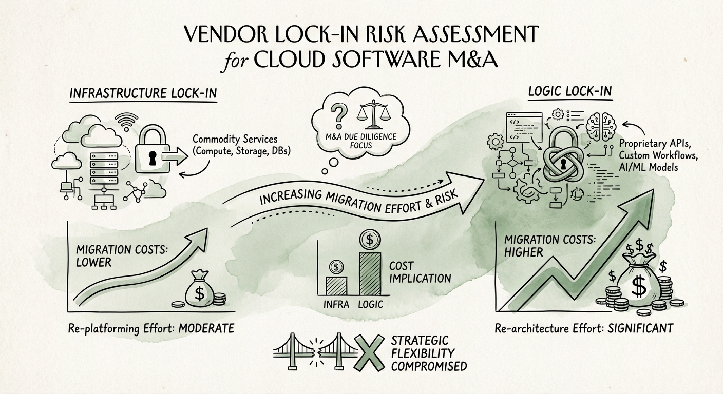 A visual diagram comparing 'Infrastructure Lock-In' vs 'Logic Lock-In' showing increasing migration costs.