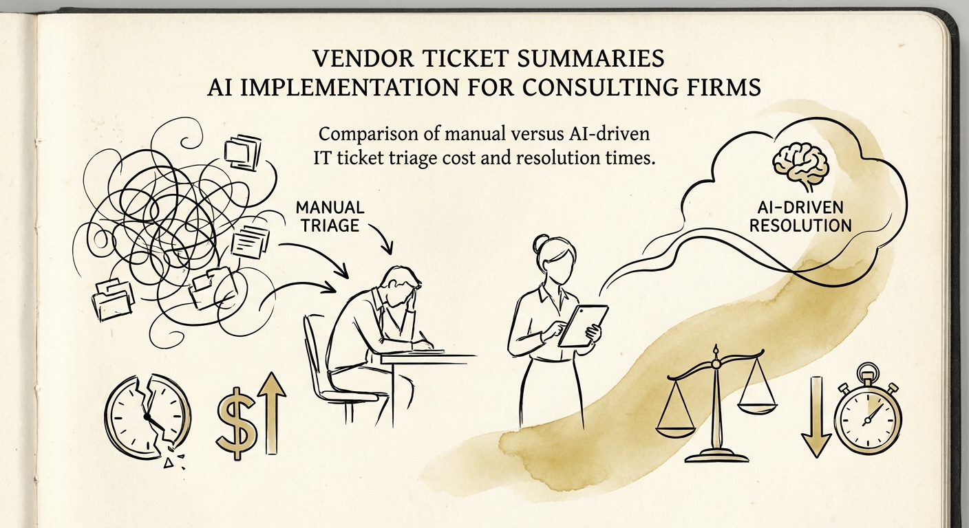 Vendor ticket summary workflow showing source tickets, vendor owner, impacted account, repeat blocker, client-risk flag, and follow-up action.