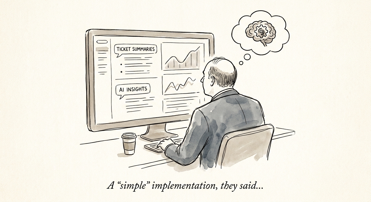 Account manager reviewing vendor ticket trends, client commitments, and unresolved blockers before a weekly risk brief is approved.