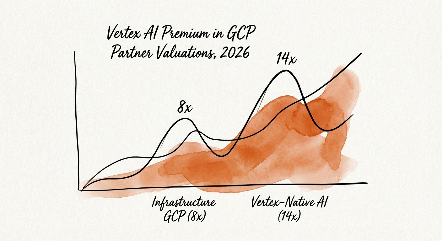 Graph showing the valuation multiple gap between Infrastructure GCP Partners (8x) and Vertex-Native AI Partners (14x) in 2026.