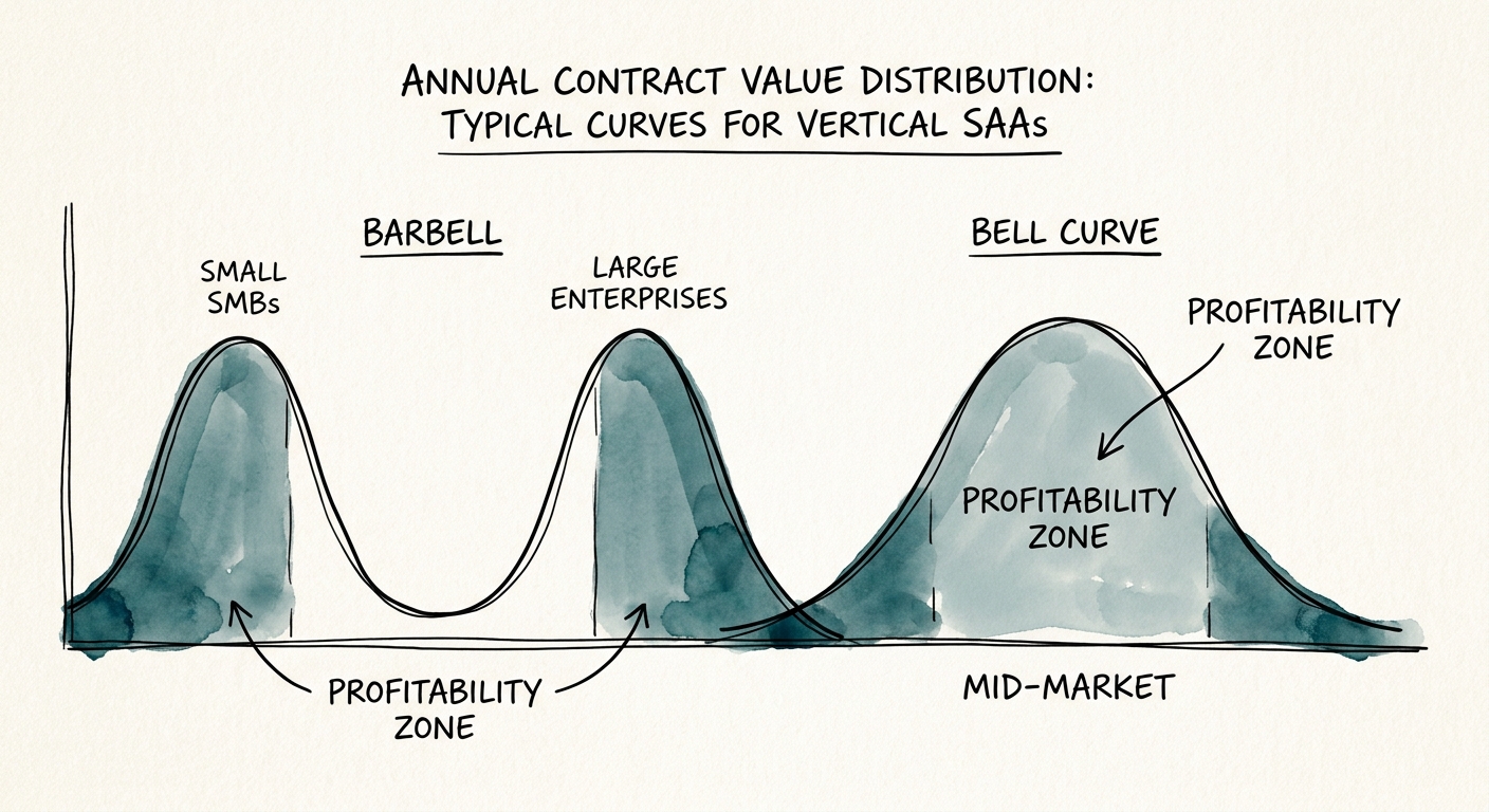 Barbell vs Bell Curve ACV distribution chart showing profitability zones in vertical SaaS