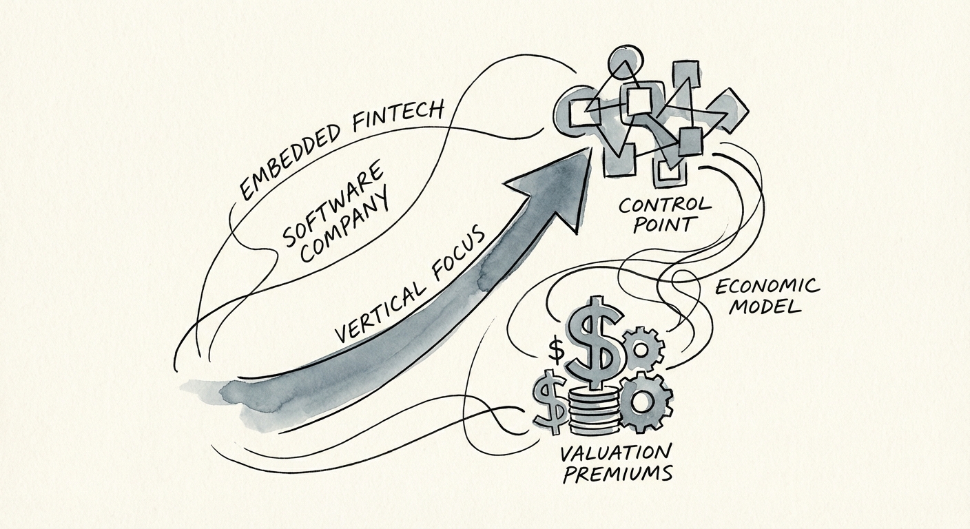 Diagram illustrating the 'Control Point' economic model of embedded fintech in vertical software