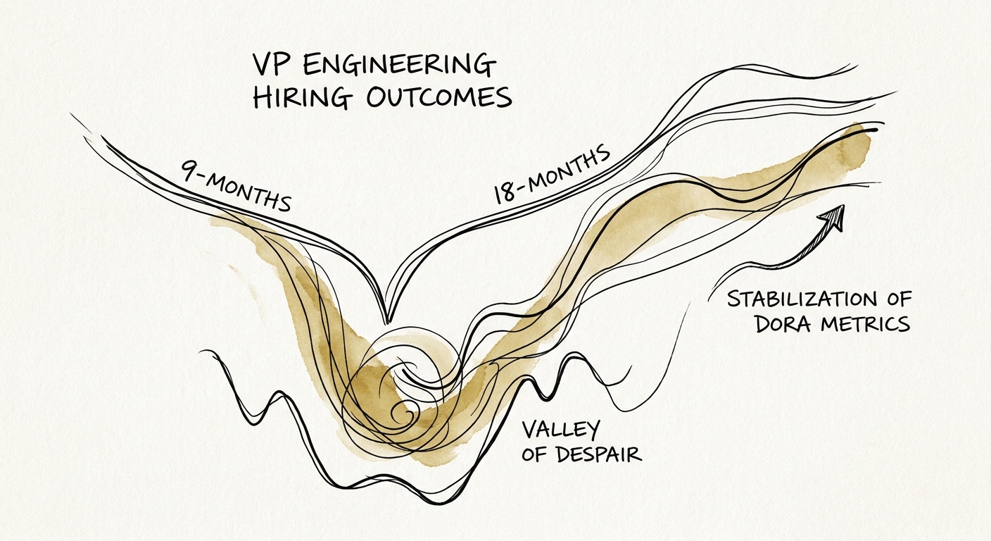 Dashboard highlighting the "Valley of Despair" at month 9 and the stabilization of DORA metrics approaching month 18.