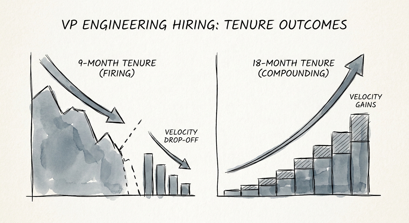 Chart comparing engineering velocity drop-off after a 9-month VPE firing versus the compounding velocity gains at an 18-month tenure mark.
