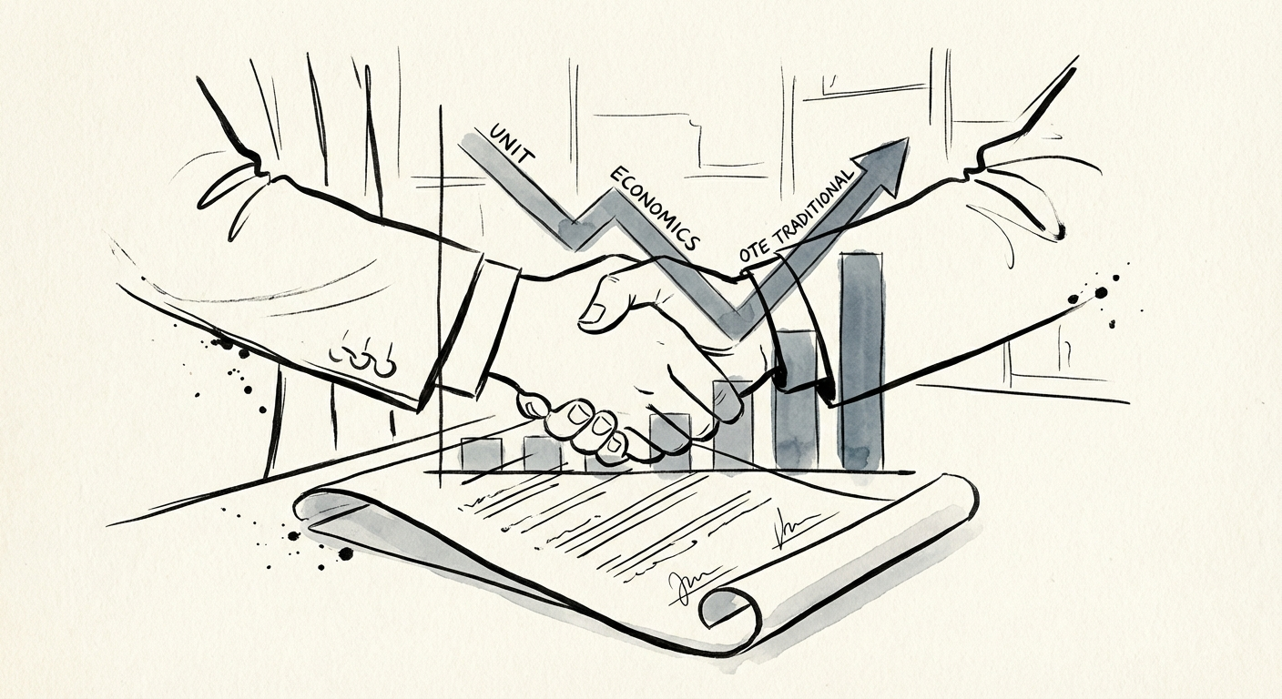 Executive handshake over a compensation contract with data charts overlay