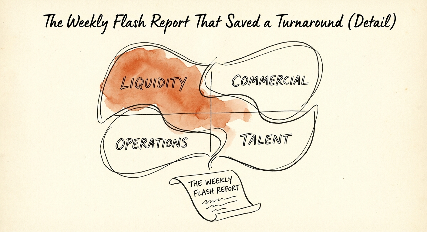 Diagram showing the 4 quadrants of a weekly flash report: Liquidity, Commercial, Operations, Talent