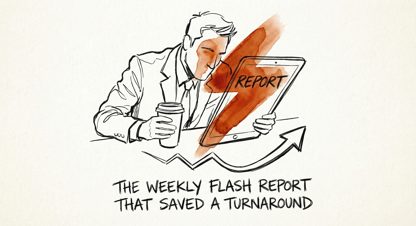 Private Equity Operating Partner reviewing a weekly flash report dashboard on a tablet