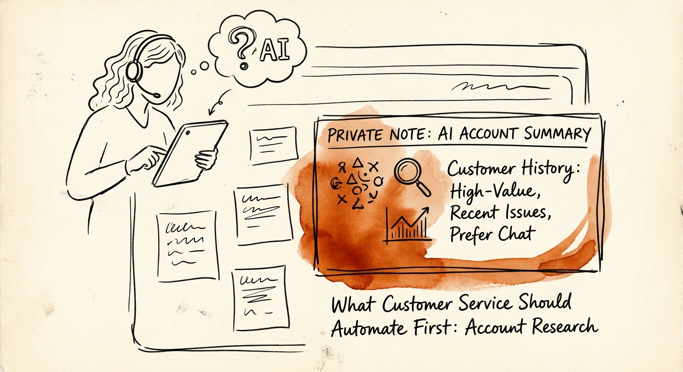 Customer service team reviewing an AI-generated account brief with ticket history, contract context, product usage, and account owner notes.