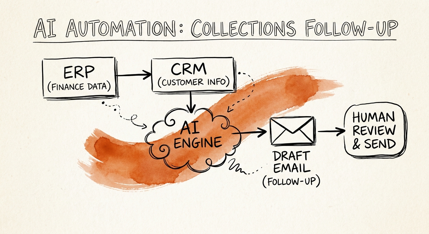 Collections follow-up workflow showing invoice evidence, customer context, AI draft, and human approval.