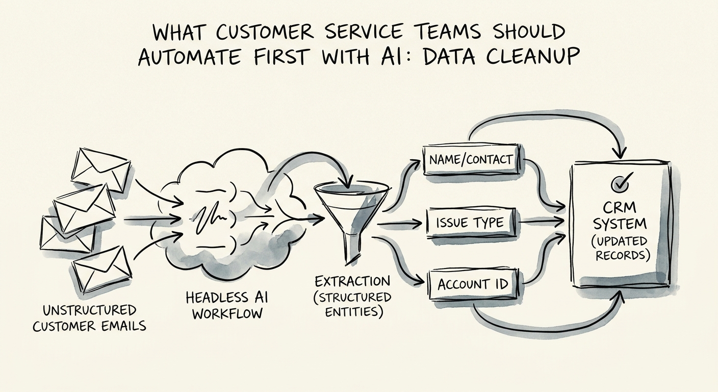Customer service data cleanup map showing case fields, customer history, tags, knowledge links, and approval queue.