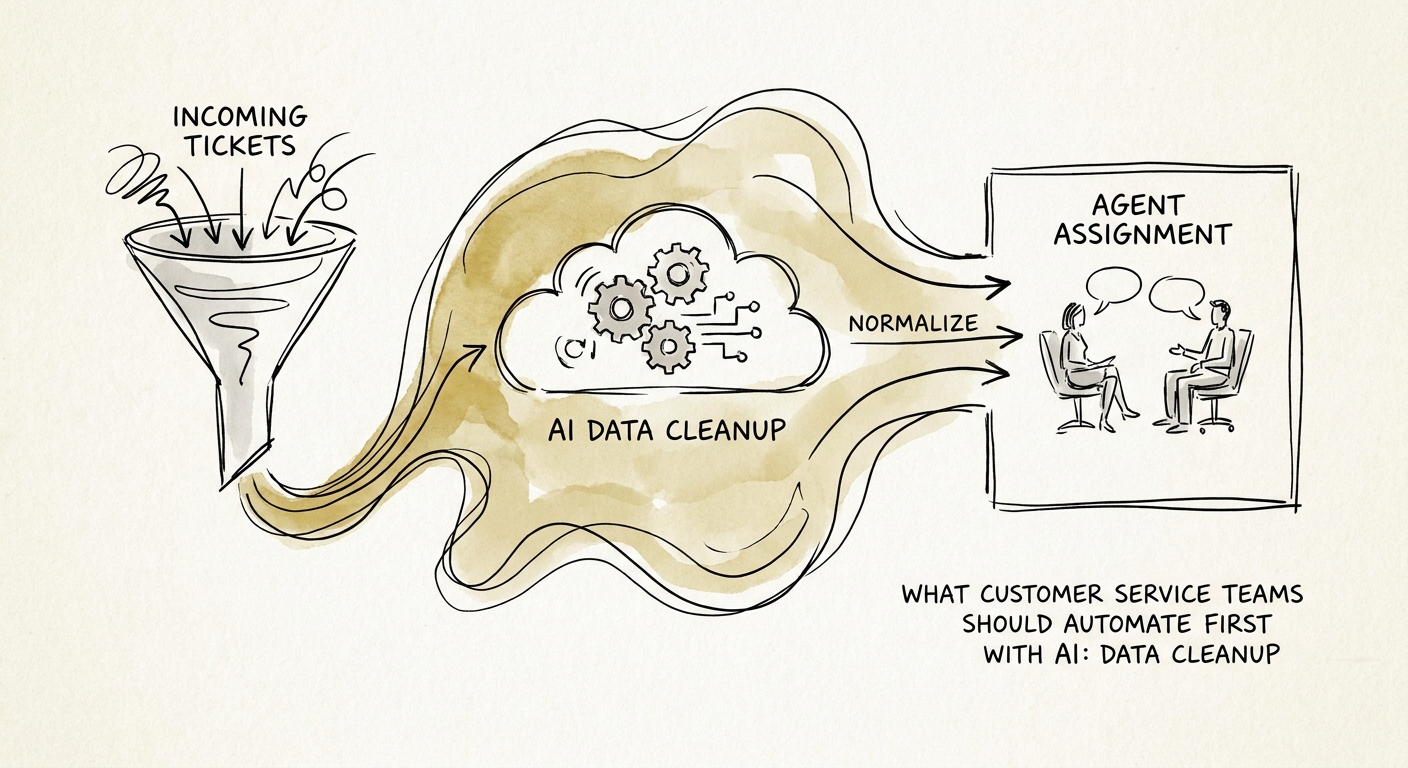 Customer service team reviewing AI-assisted data cleanup for case fields, tags, customer context, and knowledge links.