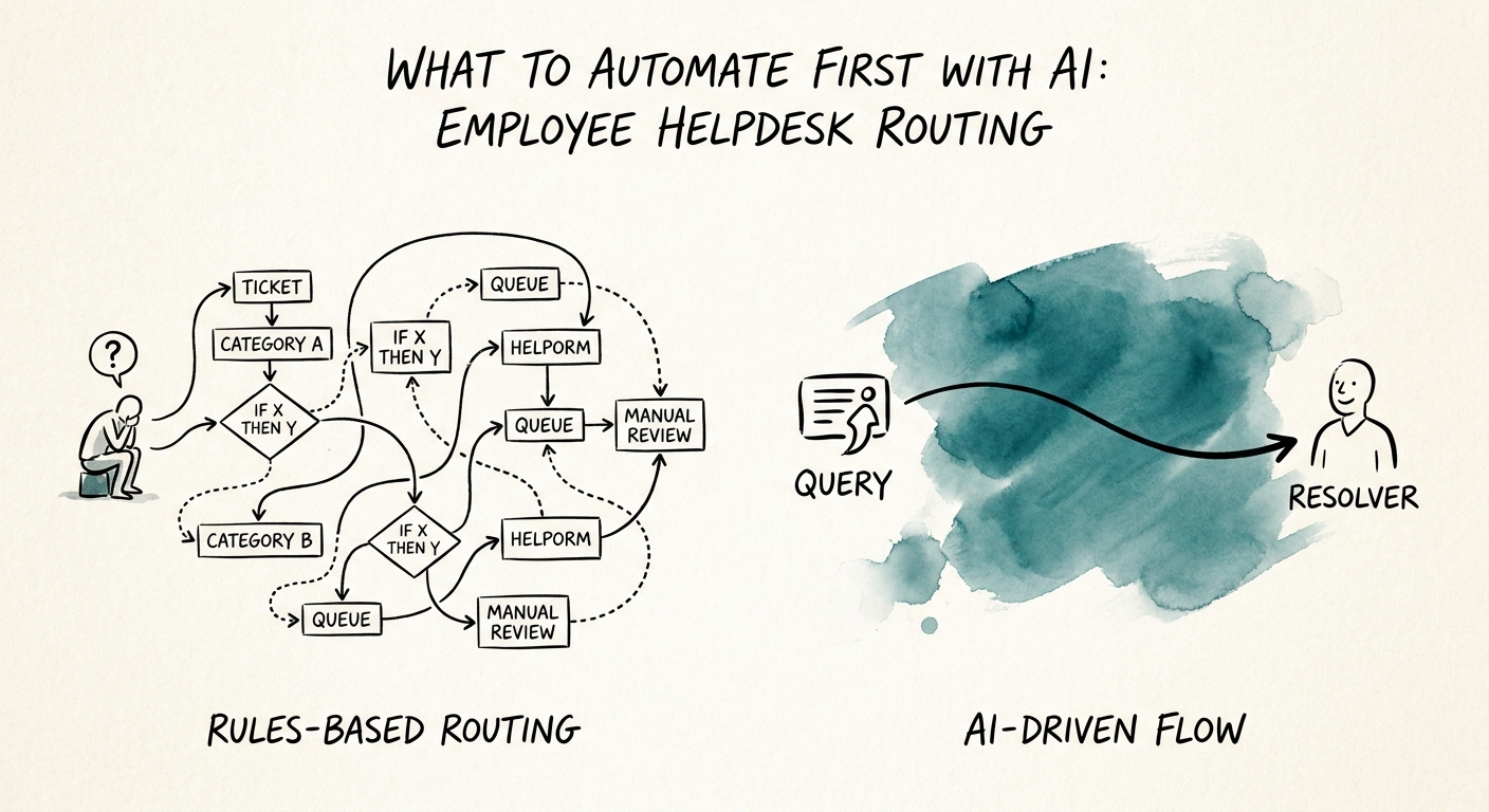 AI implementation checklist for employee helpdesk routing showing source quality, permissions, review, adoption, and ROI measurement.
