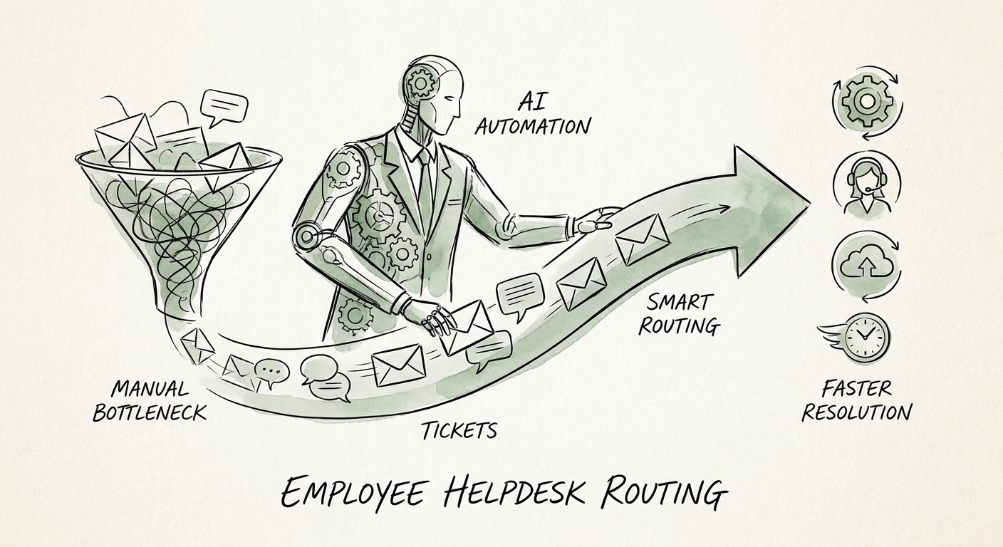 Leadership team reviewing a governed AI workflow plan for employee helpdesk routing.