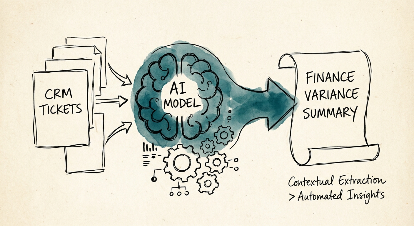 Variance note workflow connecting service metrics, AI draft, source evidence, and finance approval.