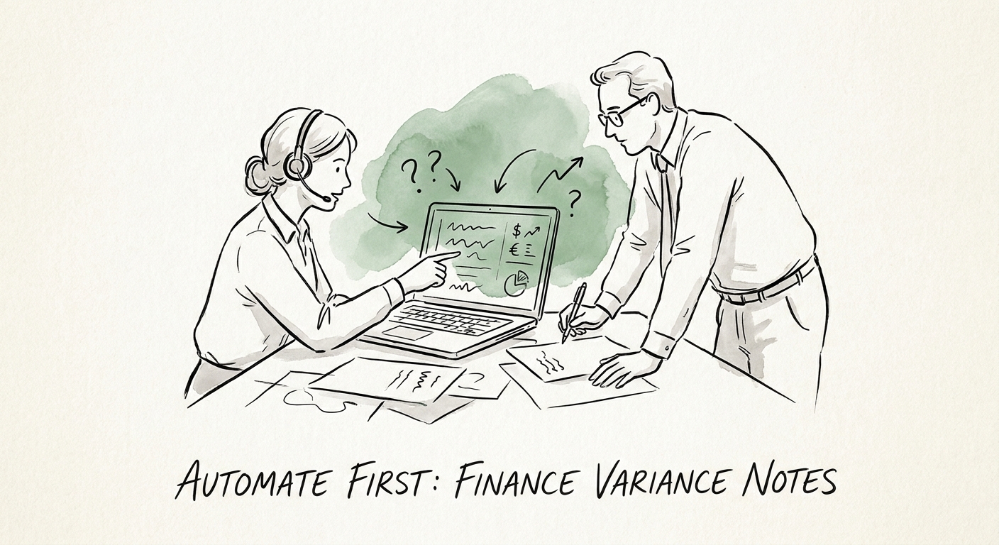 Customer service and finance leaders reviewing AI-drafted variance notes with service evidence.