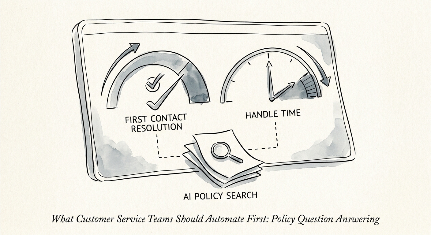 Customer service policy Q&A workflow with agent question, approved source retrieval, answer review, and escalation.
