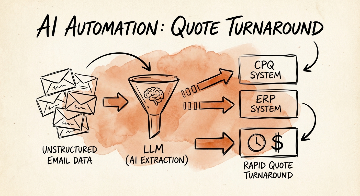 Quote turnaround workflow showing intake, extraction, draft preparation, and approval.