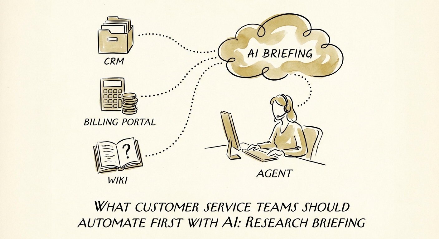 Customer service research briefing workflow connecting ticket history, account context, knowledge base, and supervisor review.