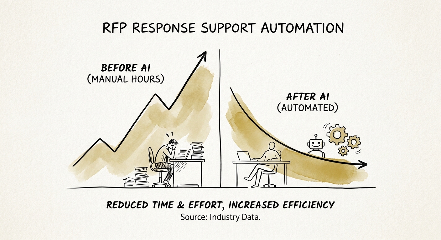 Operating model for RFP response support showing sources, reviewers, controls, and ROI measures.