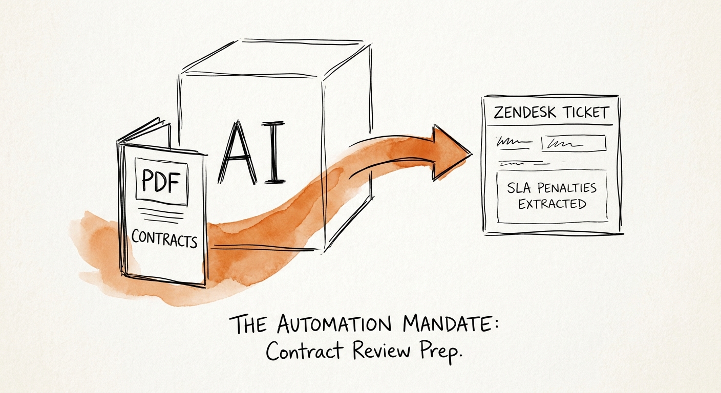 Contract preparation workflow showing AI extraction, clause evidence, service routing, and human approval.