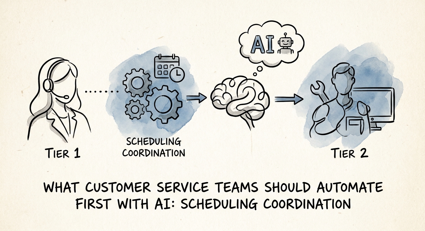 Scheduling coordination workflow showing intake, priority check, calendar options, owner review, and customer confirmation.