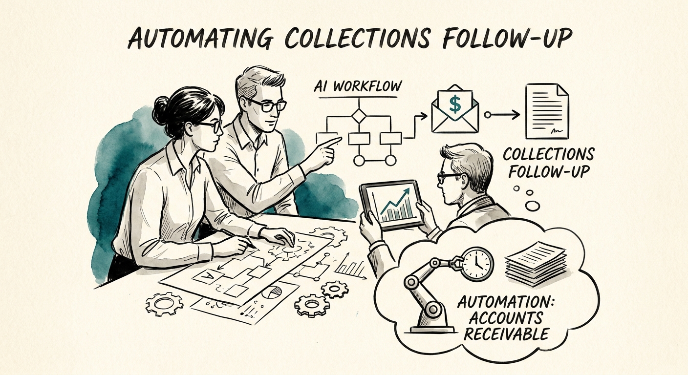 Finance and data teams reviewing an AI collections follow-up packet with invoice evidence.