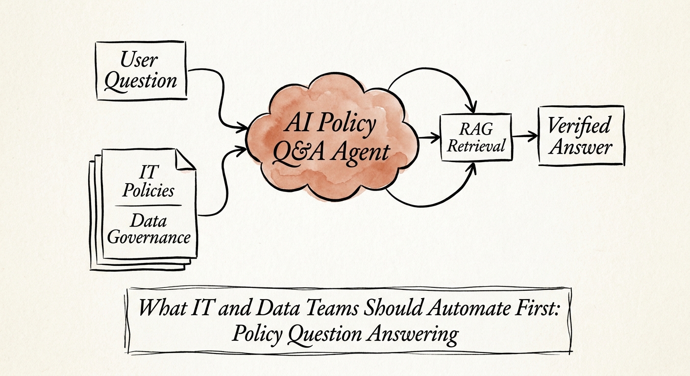 Policy question answering workflow showing approved policies, retrieval, user answer, source citation, and review queue.