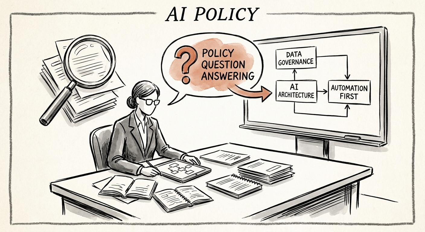 IT and data team reviewing an AI policy question answering workflow with approved source documents.
