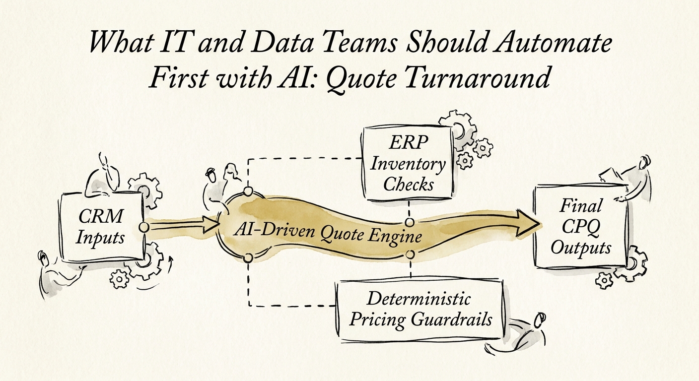 Workflow map showing inputs, review rules, and metrics for quote turnaround.